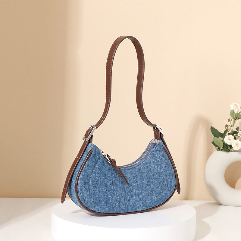French Retro Denim Crescent Handbag