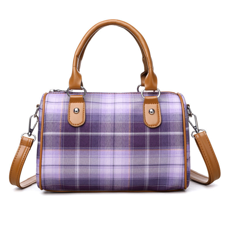 Plaid Academy Style Round Barrel Shoulder Bag