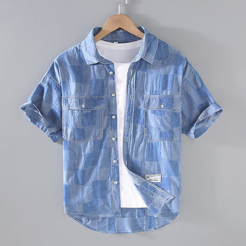 Summer Thin Plaid Men's Denim Printing Short Sleeve